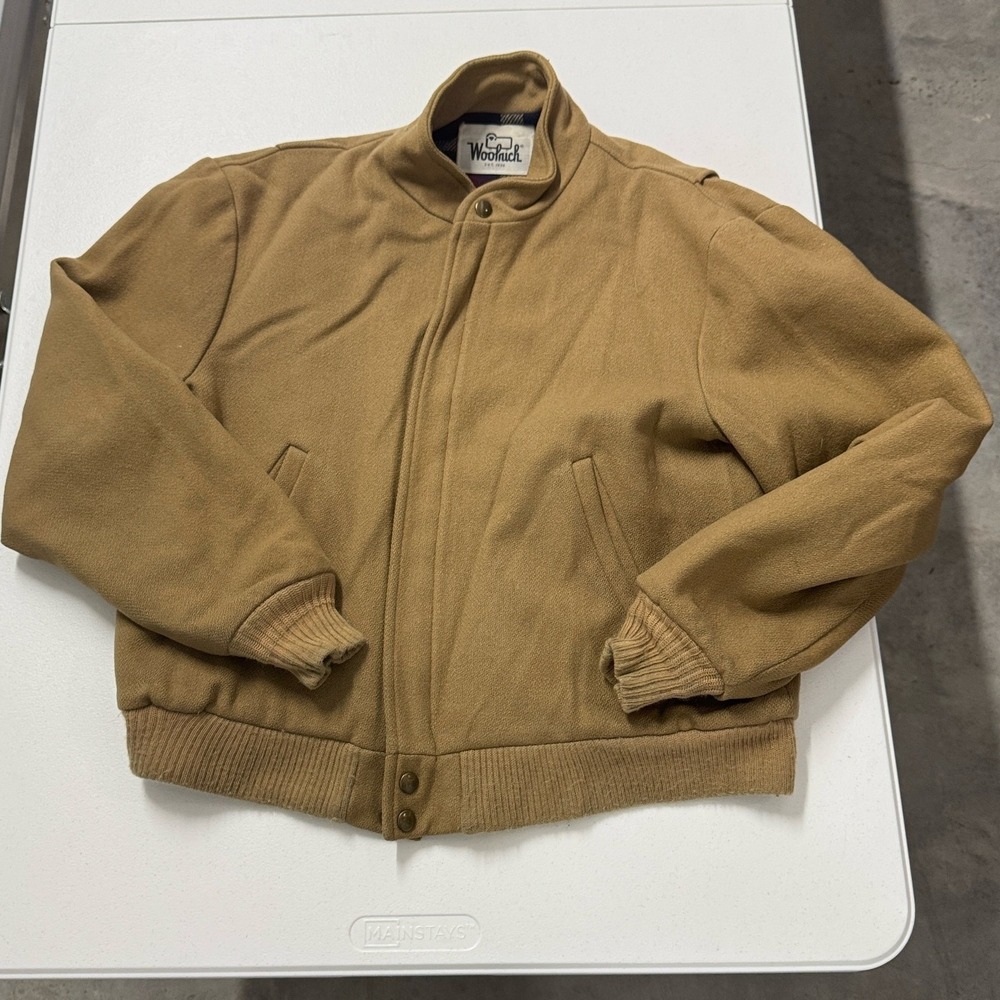 Woolrich Bomber Jacket Mens L Tan Excellent Vintage Wool Plaid Lined Zip Up